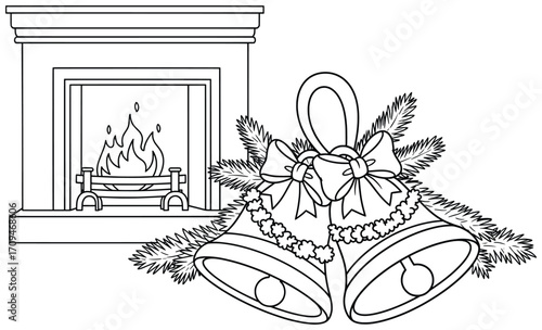 Christmas bells vector illustration with ribbon pine branches and garland placed beside cozy fireplace creating a warm festive seasonal holiday decoration design