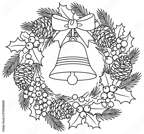 Christmas bell vector illustration placed inside a festive wreath decorated with holly leaves pinecones berries and ribbon bow design in seasonal holiday ornament artwork