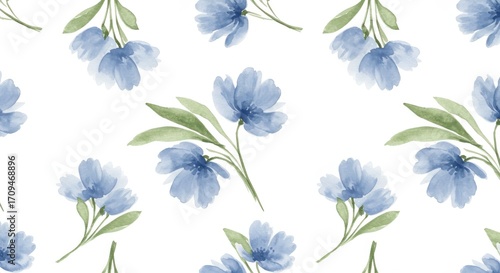Watercolor Blue Flowers Seamless Pattern on White Background.