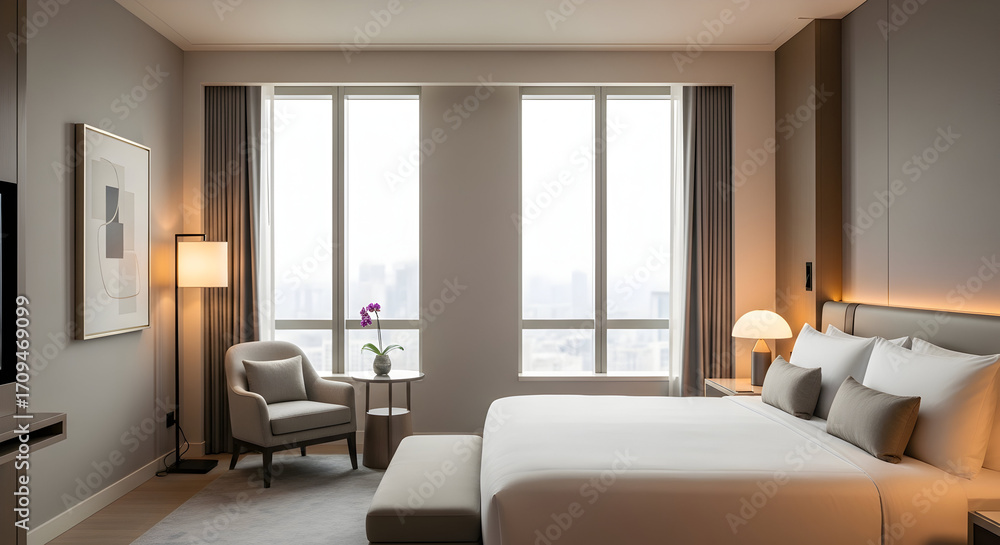Fototapeta premium Luxury hotel bedroom interior with modern furniture, large window, and ambient lighting symbolizing comfort, lifestyle, hospitality, and architecture design