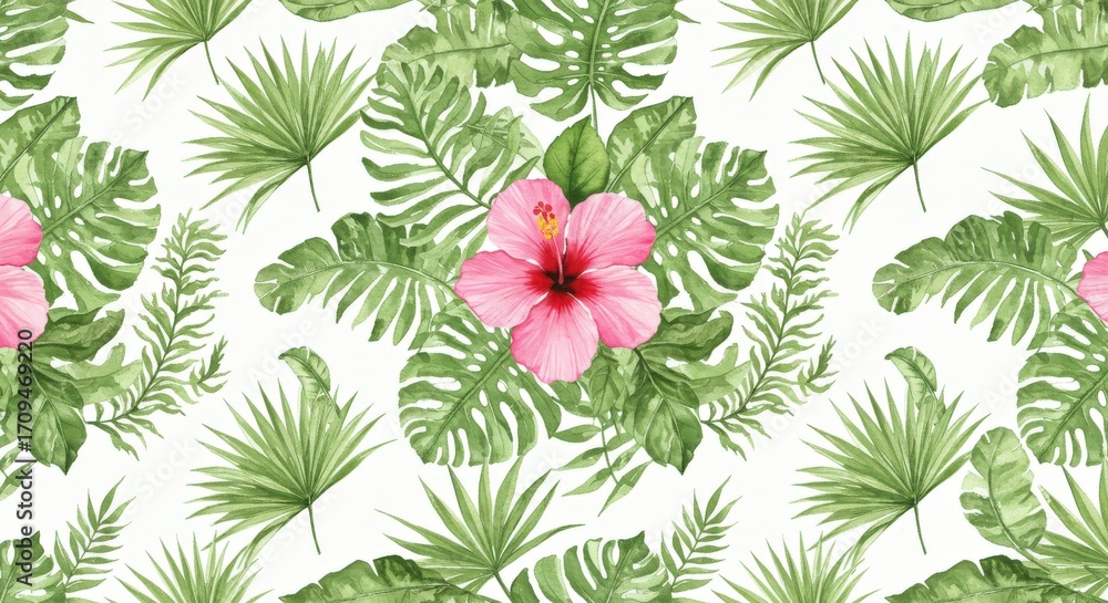 Fototapeta premium Watercolor Tropical Pattern: Pink Hibiscus Green Leaves White Background.