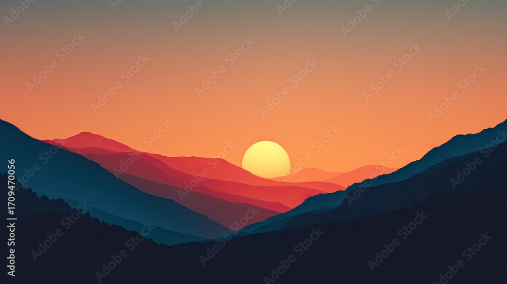Obraz premium A minimalist painting depicting a mountain landscape at sunset. The sky has a gradient of shades from orange and pale yellow near the sun to a deep blue. The mountains appear layered. Overlapping shad