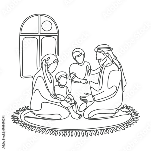 Traditional Arabic family.  Father and mother with daughter, boy, and girl illustration.  Modern flat vector illustration, cultural lifestyle concept.