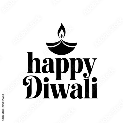 Happy Diwali typography, simple black lettering, single diya icon above, minimalist greeting card, modern monochrome style, vector illustration