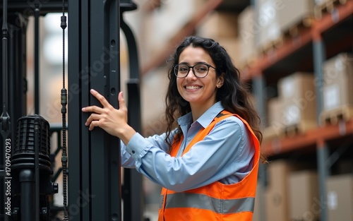 A distribution center supervisor is holding bar and qr code reader while leaning on forklift in storage and smiling at the camera. High quality