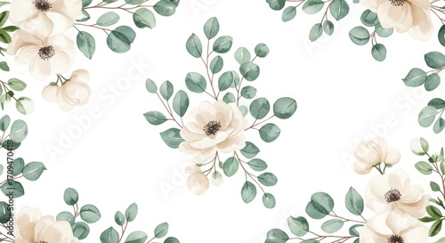 Watercolor Floral Arrangement with White Flowers and Greenery.
