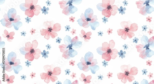 Watercolor Floral Pattern: Pink Blue Flowers on White Background.