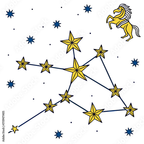 Capricornus constellation with horse zodiac sign doodle illustration of astrology, star, galaxy, universe, science, horoscope, celestial, zodiacal light