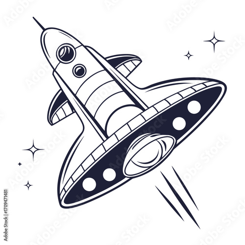 Illustration of a futuristic spaceship with stars, representing space exploration, interstellar travel, and advanced technology in cosmic adventures
