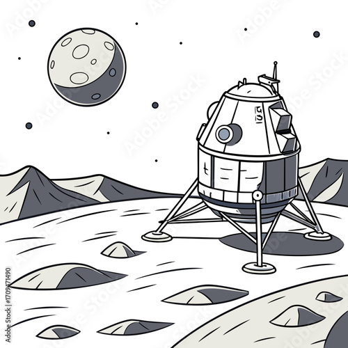 Illustration of a lunar lander on the moon, a spacecraft designed for landing on the moon, with the moon in the background