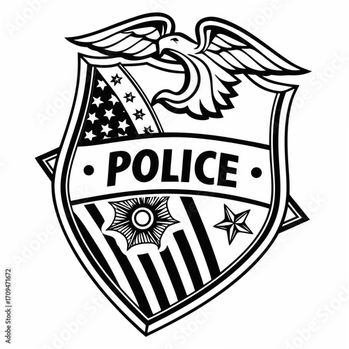 A bold police badge design featuring an eagle, stars, and stripes, symbolizing authority, protection, and law enforcement