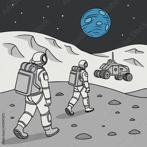 Two astronauts explore a desolate moon landscape, with a lunar rover parked nearby and a distant planet hanging in the starry sky, creating a sense of adventure and discovery