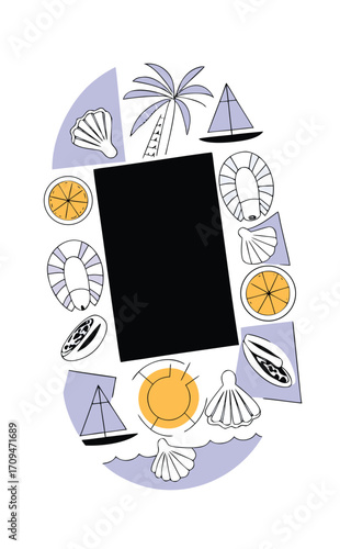 Decorative illustration collage combining frames of lobsters, lemon slices, oysters, and sun with sailboats and palm trees in summer vacation doodle art style