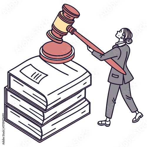 A female lawyer in a suit places a gavel on a stack of law books, symbolizing legal authority and knowledge