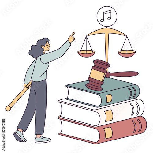 A woman with a baton points to a scales of justice with a musical note above it, resting on a stack of books with a gavel