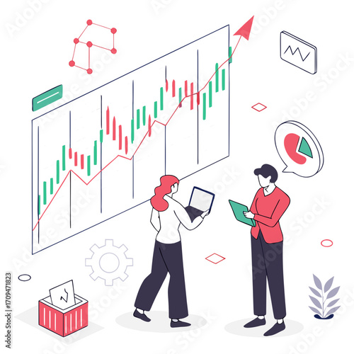 Collaborative stock market analysis illustration featuring two professionals analyzing charts and data, symbolizing teamwork and investment strategy