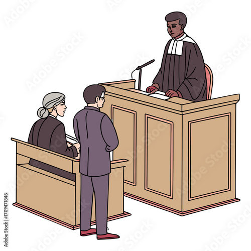 Courtroom scene depicting a trial with a judge, defendant, and lawyer, the judge is presiding over the case, while the defendant stands with their lawyer