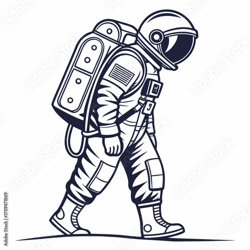 Detailed line art of an astronaut walking, representing space exploration, determination, and the challenges of space travel