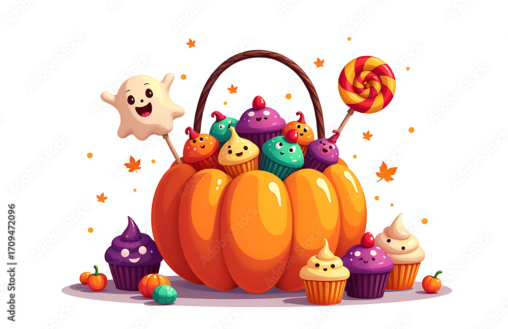 Fototapeta premium colorful festive illustration cartoon pumpkin candy bucket overflowing bright lollipops cupcakes surrounded spooky ghostly