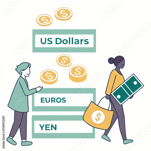 Illustration of currency exchange with us dollars, euros, and yen, featuring people exchanging money and carrying bags