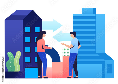 business people shaking hands Two people interacting in front of blue buildings, on a light background