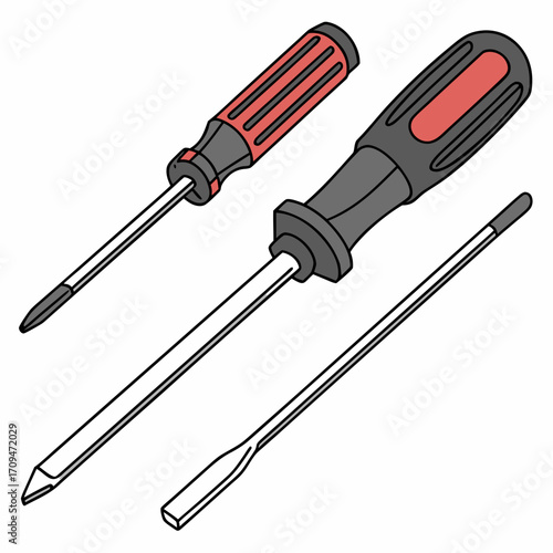 Illustration of three screwdrivers with red and black handles, essential for repairs, assembly, and various mechanical tasks