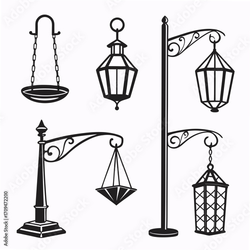 Collection of vintage street lamps set of antique lanterns, retro outdoor lighting fixtures, and decorative elements for urban design and architecture