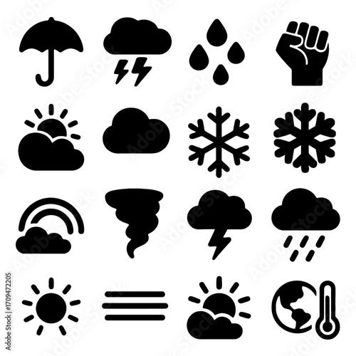 Weather Icons Collection: A concise visual guide featuring an array of weather icons, representing diverse conditions, ideal for design and informational purposes.