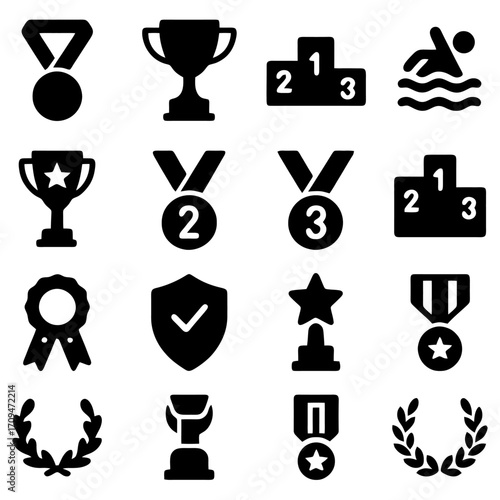 Icons of Triumph: A curated collection of meticulously designed, high-contrast icons represents the essence of achievement, victory, and recognition. These symbols are universally understood.