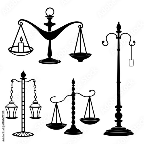 Collection of justice scale silhouettes on a, showcasing various designs and styles, representing law, balance, and fairness
