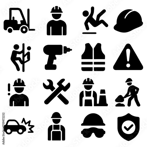 Safety Symbols for Industrial Application: A comprehensive collection of black and white symbols related to workplace safety, designed to ensure a secure working environment for all personnel.