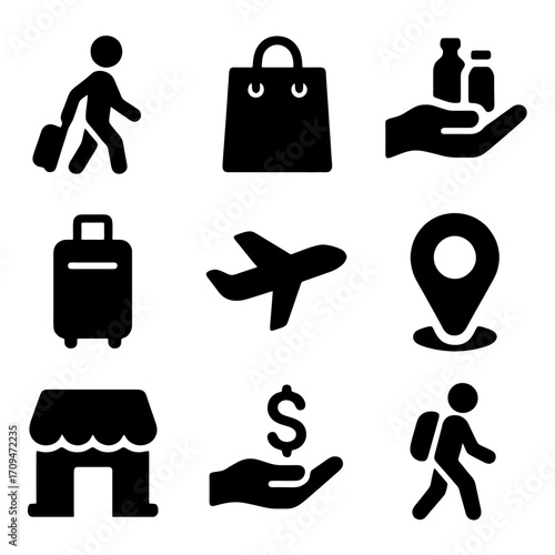 Essential Travel & Commerce Icons: A collection of elegant vector icons embodying the essence of travel and commerce. 