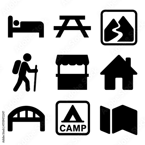 Camping Adventure Icons: A curated collection of bold black icons, representing the essence of camping life - sleeping, eating, nature, and exploration. Symbolizing essential activities.