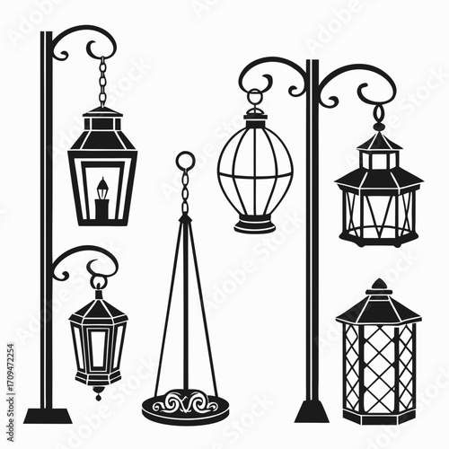 Collection of vintage street lanterns silhouettes on a, each with unique designs and shapes, evoking a sense of nostalgia and charm