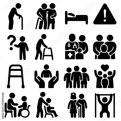 Senior Care Icon: An informative collection of black silhouette icons represents various aspects of elderly care, health, and assistance, offering visual representations.