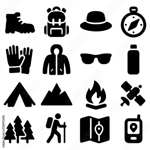 Iconic Adventure Gear: A curated collection of illustrated icons representing essential outdoor adventure gear, meticulously crafted with a flat design for a minimalist aesthetic.