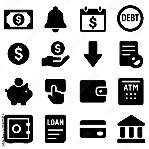 Financial Icons: A collection of minimalist black and white icons representing various aspects of finance, wealth, and money management.