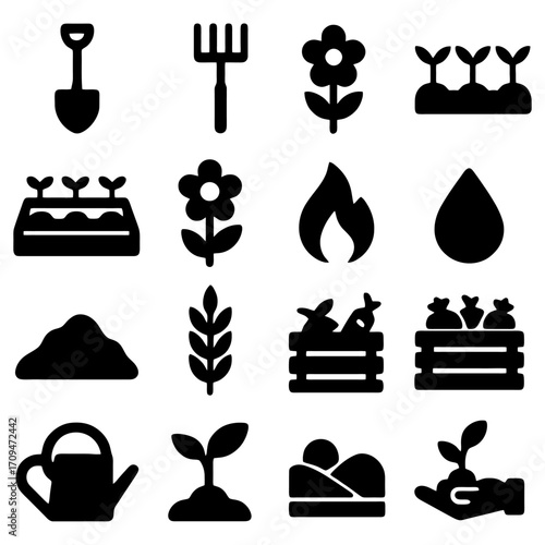 Gardening essentials: A collection of garden tool icons showcasing shovel, rake, flower, seedling, flame, and water droplet; essential elements of cultivation