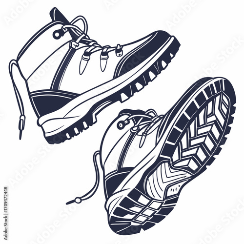 Hiking boots a pair of sturdy, hightop hiking boots with laces, designed for outdoor adventures, shown in a clean, minimalist line art style