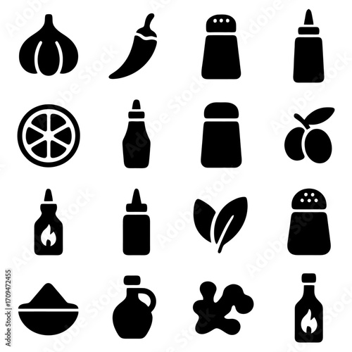 Flavorful Food Icons: A collection of stylish monochrome food icons evokes the essence of culinary ingredients, presenting a visual symphony of flavor and zest.