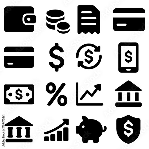 Finance Icon Set: A collection of minimalist icons related to finance, including currency symbols, financial instruments, and a piggy bank, perfect for illustrating financial concepts.