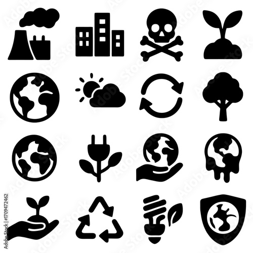 Eco-Consciousness Icon Set: A symbolic illustration of eco-awareness is showcased, featuring diverse icons representing environment-related concepts in a symbolic illustration.