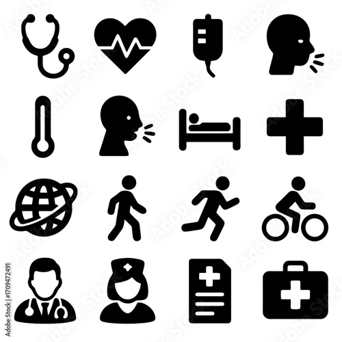 Essential Medical Icons: A curated collection of vector icons representing critical aspects of healthcare, embodying precision and clarity for a wide range of medical-related applications.