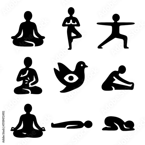 Yoga Poses Collection: a curated collection of yoga poses, perfect for promoting wellness and inner peace. Designed with sleek black silhouettes on a clean background.
