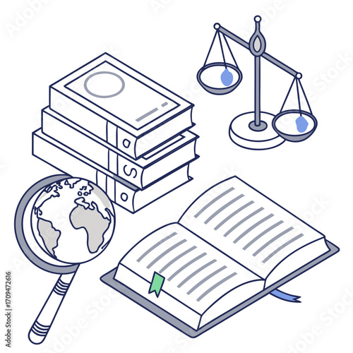 Isometric illustration of legal education includes books, scales of justice, globe in magnifying glass, and open book, symbolizing study of law and international relations