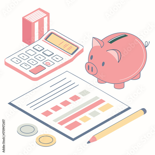 Isometric illustration showcasing financial planning with a calculator, piggy bank, coins, and a document, symbolizing savings and investment