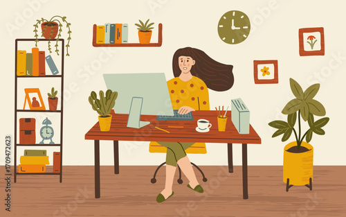 Vector elements of the home office environment A woman working at a desk in a room with shelves and a clock, on a light background