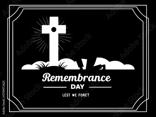 Silhouette of a kneeling figure, seen from knees down, placed slightly left. A white cross with a red poppy occupies the center. Black backdrop with subtle vignette. Vintage memorial text in white: “R