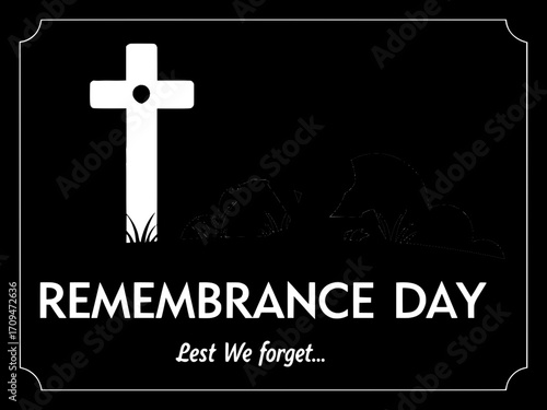 Silhouette of a kneeling figure, seen from knees down, placed slightly left. A white cross with a red poppy occupies the center. Black backdrop with subtle vignette. Vintage memorial text in white: “R
