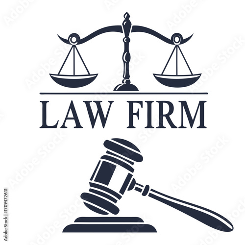 Law firm logo, featuring scales of justice and a gavel, symbolizing legal services, justice, and professional representation, rendered in a minimalist, elegant style